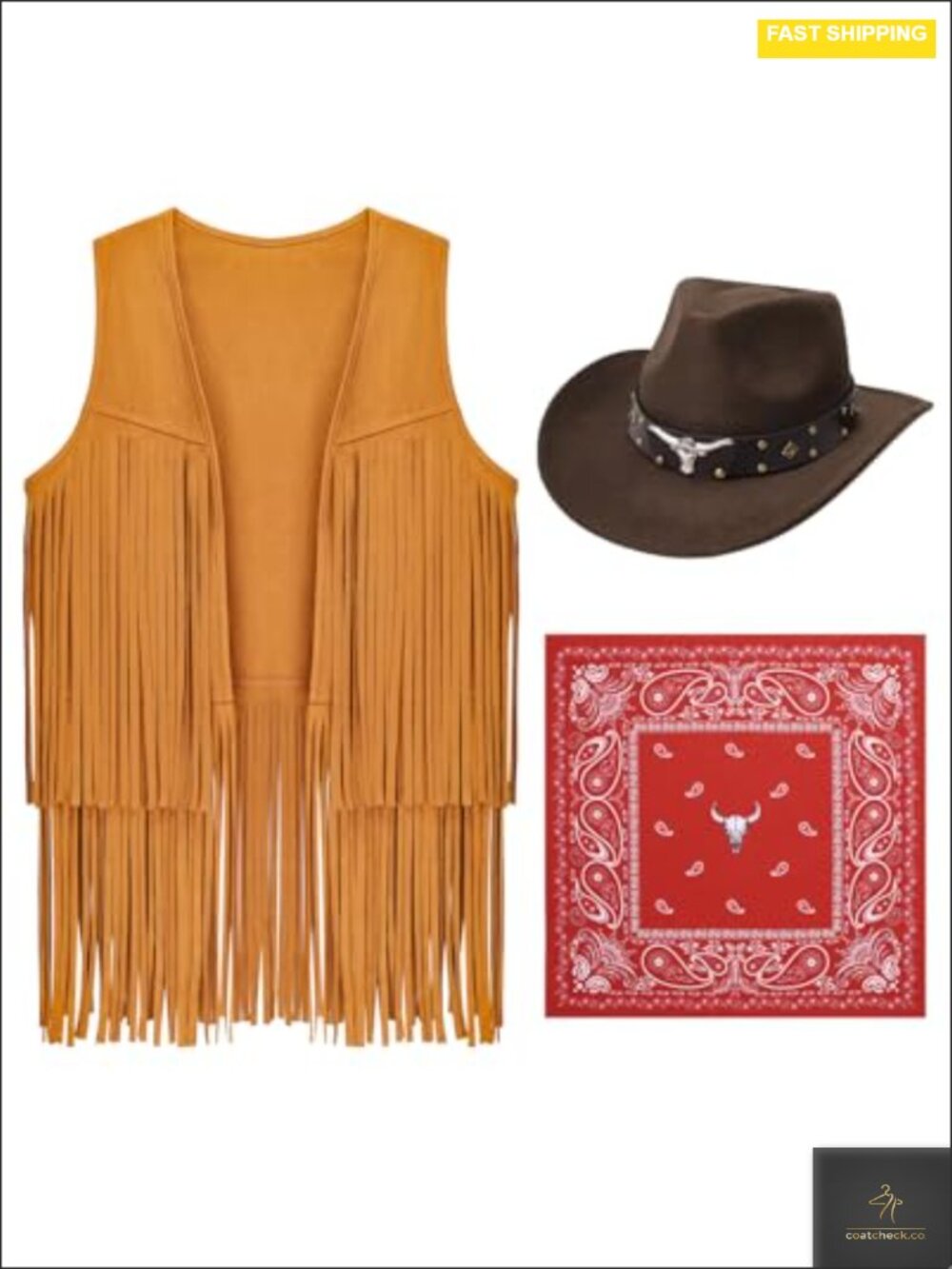 Women's 3-Piece Cowgirl Costume with Faux Suede Fringe Vest, Hat & Bandana
